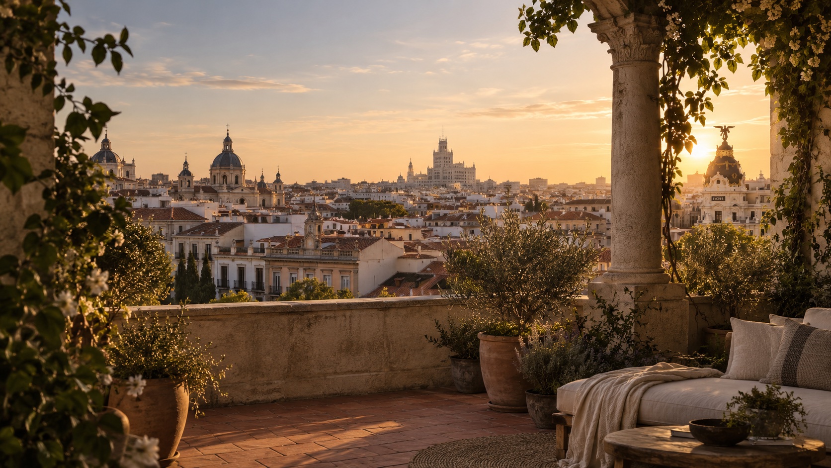 A Madrid terrace and skyline at sunset, generated image